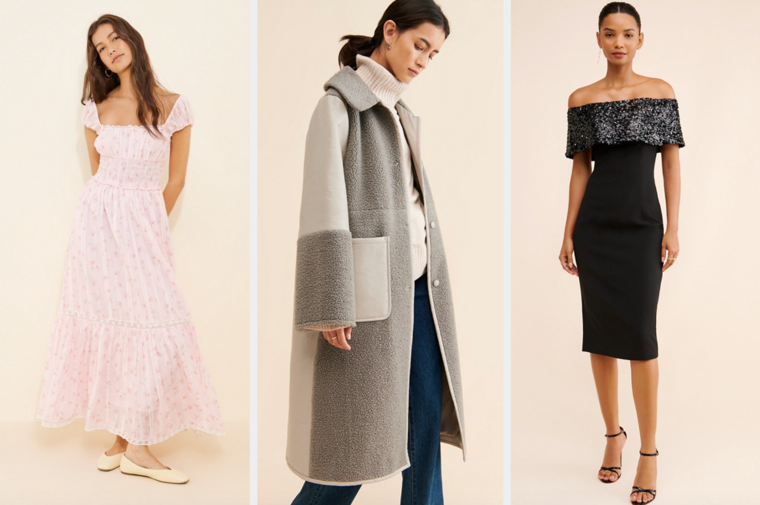 Three women modeling different outfits: a floral maxi dress, a gray coat with jeans, and an off-shoulder black dress with floral detail