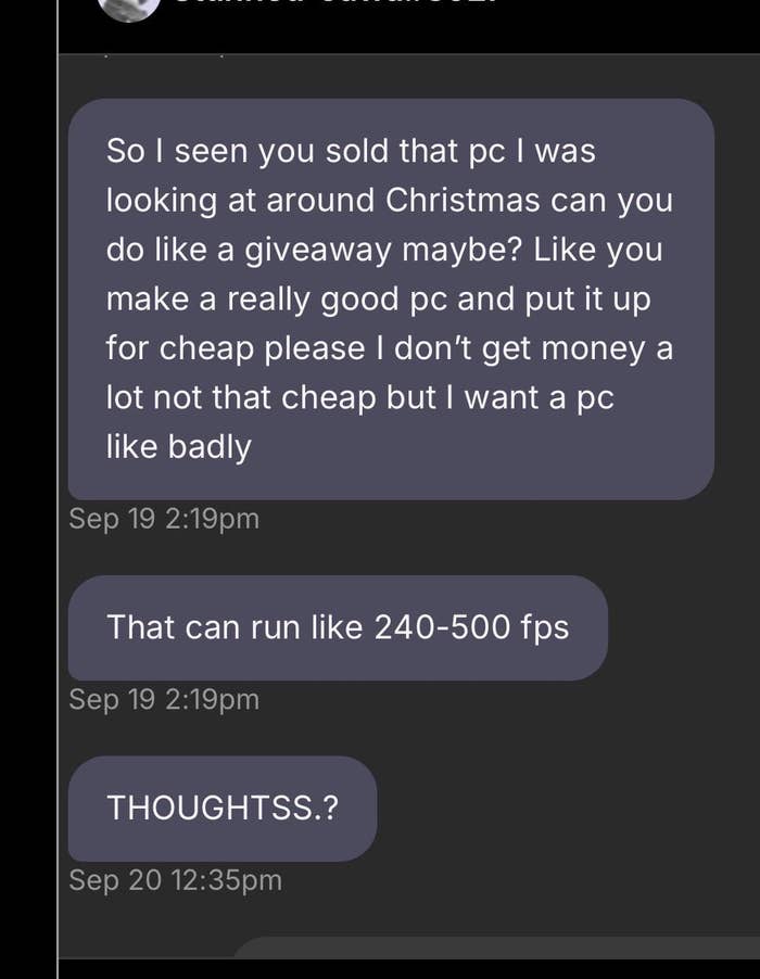 Text message asking if a PC can be donated or sold cheaply, with interest in high FPS performance