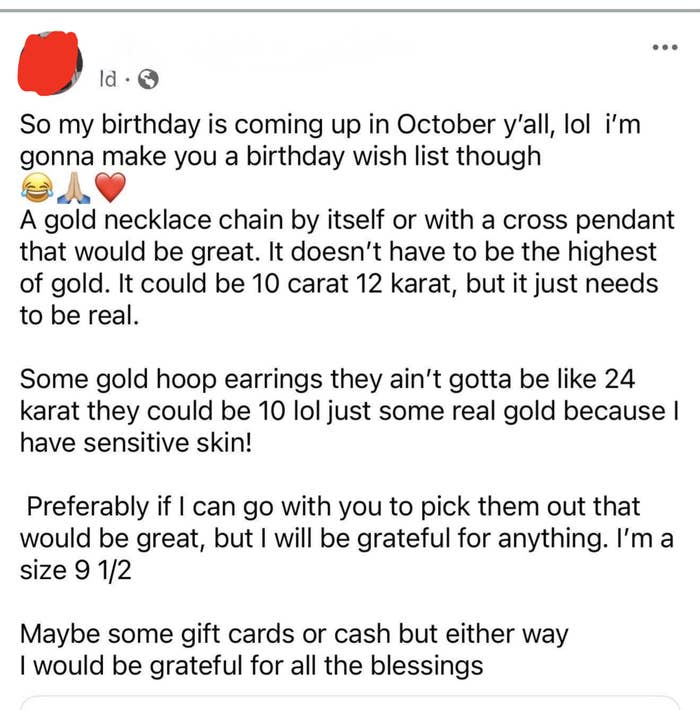 A person shares a humorous birthday wish list, requesting a gold chain, hoop earrings, shoes in size 9 1/2, and gift cards or cash
