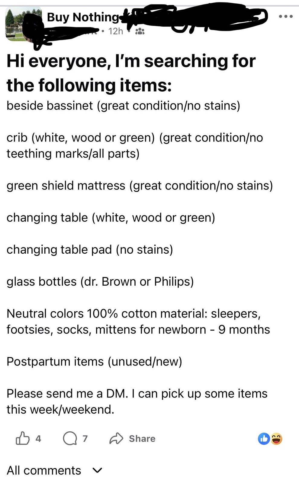 Facebook post requesting baby items, including a crib, mattress, changing table pad, glass bottles, and unused postpartum items