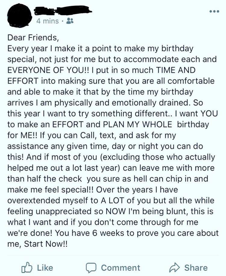 Social media post about the author's birthday, expressing frustration over unreciprocated efforts and urging friends to contribute and plan it this year
