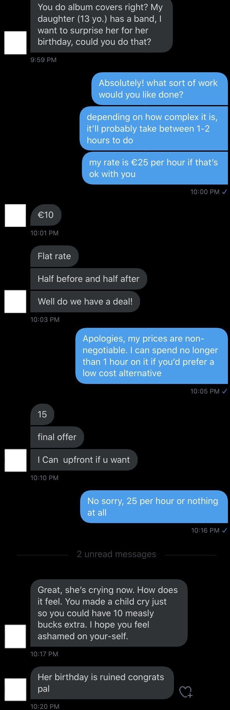 Text conversation about pricing for an album cover. Customer becomes upset over costs, claiming their child is crying over the situation