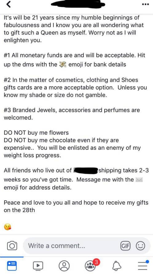 Summary of a personal message about gifting preferences, payment methods, and address requests for an event on the 28th