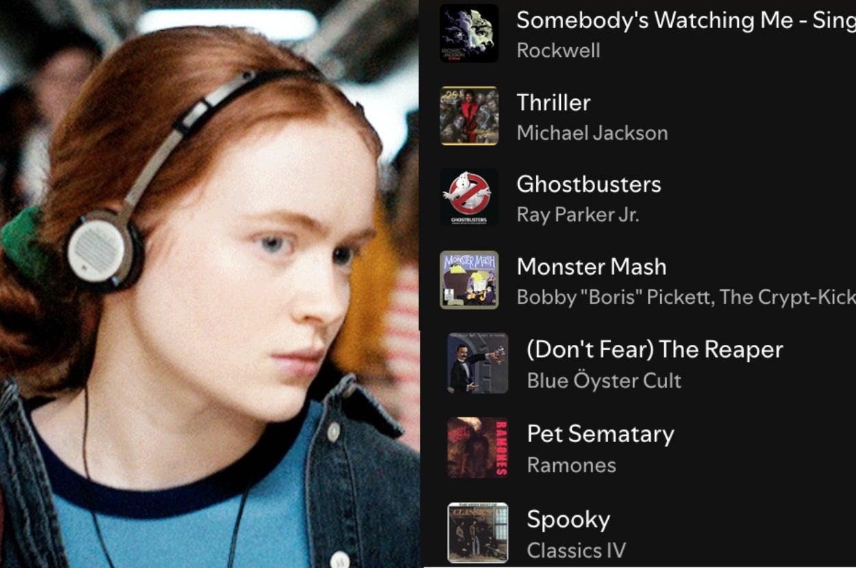 Sadie Sink in "Stranger Things" wearing headphones. A playlist features songs like "Thriller," "Ghostbusters," and "Monster Mash," suggesting a Halloween theme