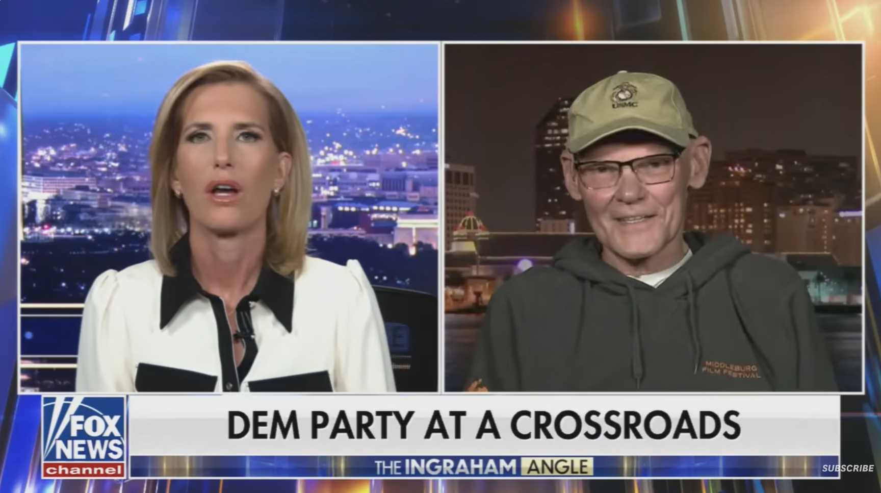 TV-sending med to gjester som diskuterer temaet "Dem Party at a Crossroads" på The Ingraham Angle