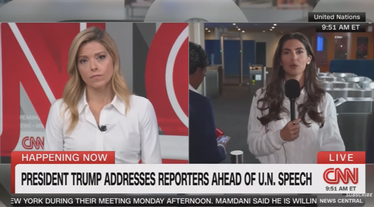 To nyhetsankere står i et studio. Teksten rapporterer: "President Trump henvender seg til journalister i forkant av FN-talen."