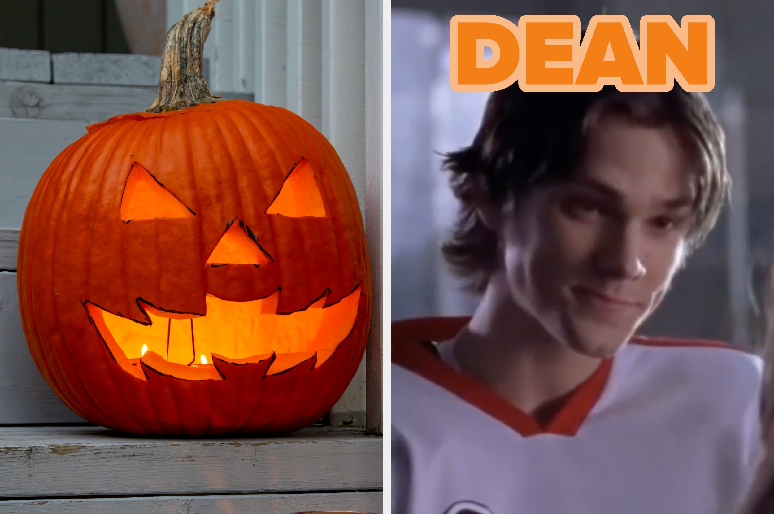 On the left, a jack-o'-lantern on outdoor steps in front of a house, and on the right, Dean from Gilmore Girls