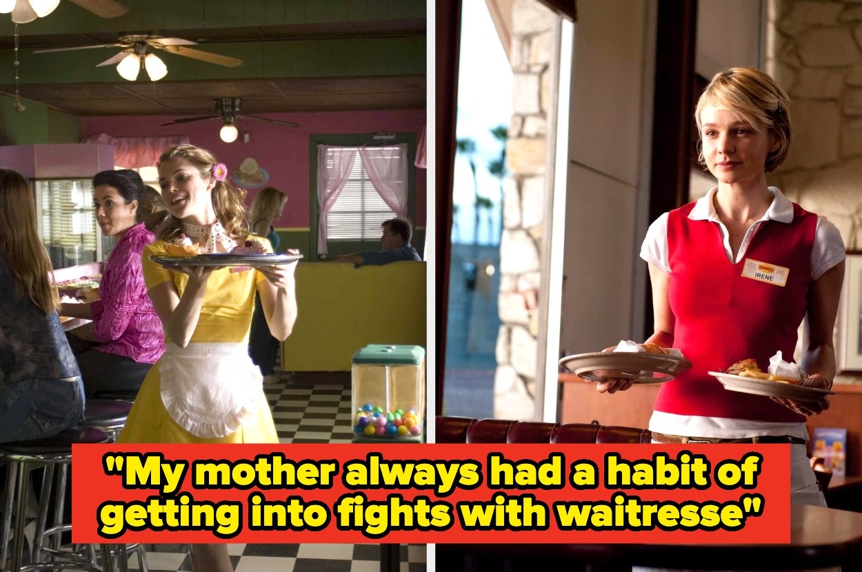 Two women in diner uniforms serve food in separate images. Caption: "My mother always had a habit of getting into fights with waitresses."