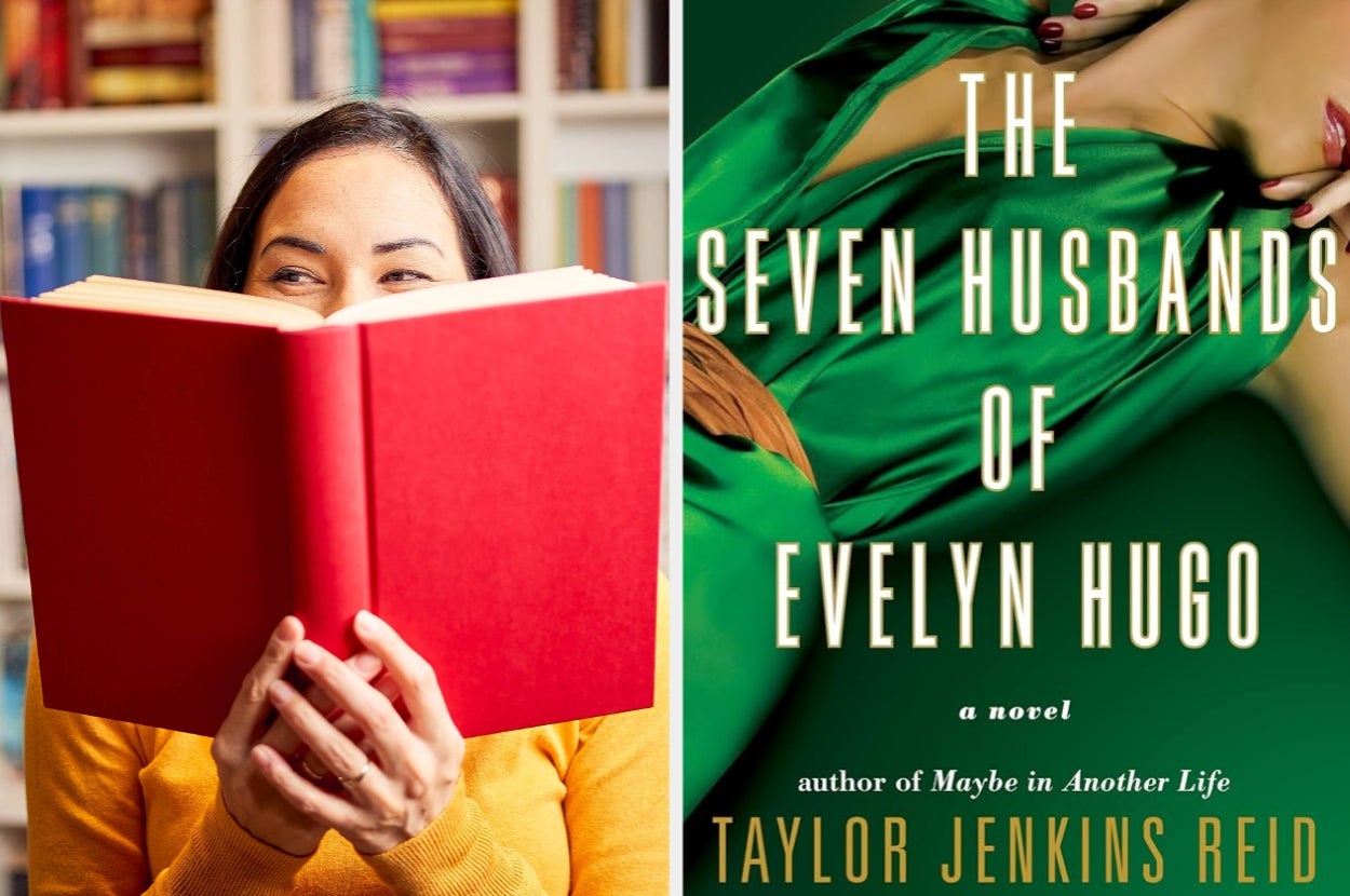 Woman partially hidden behind a book and cover of "The Seven Husbands of Evelyn Hugo" by Taylor Jenkins Reid shown on the right