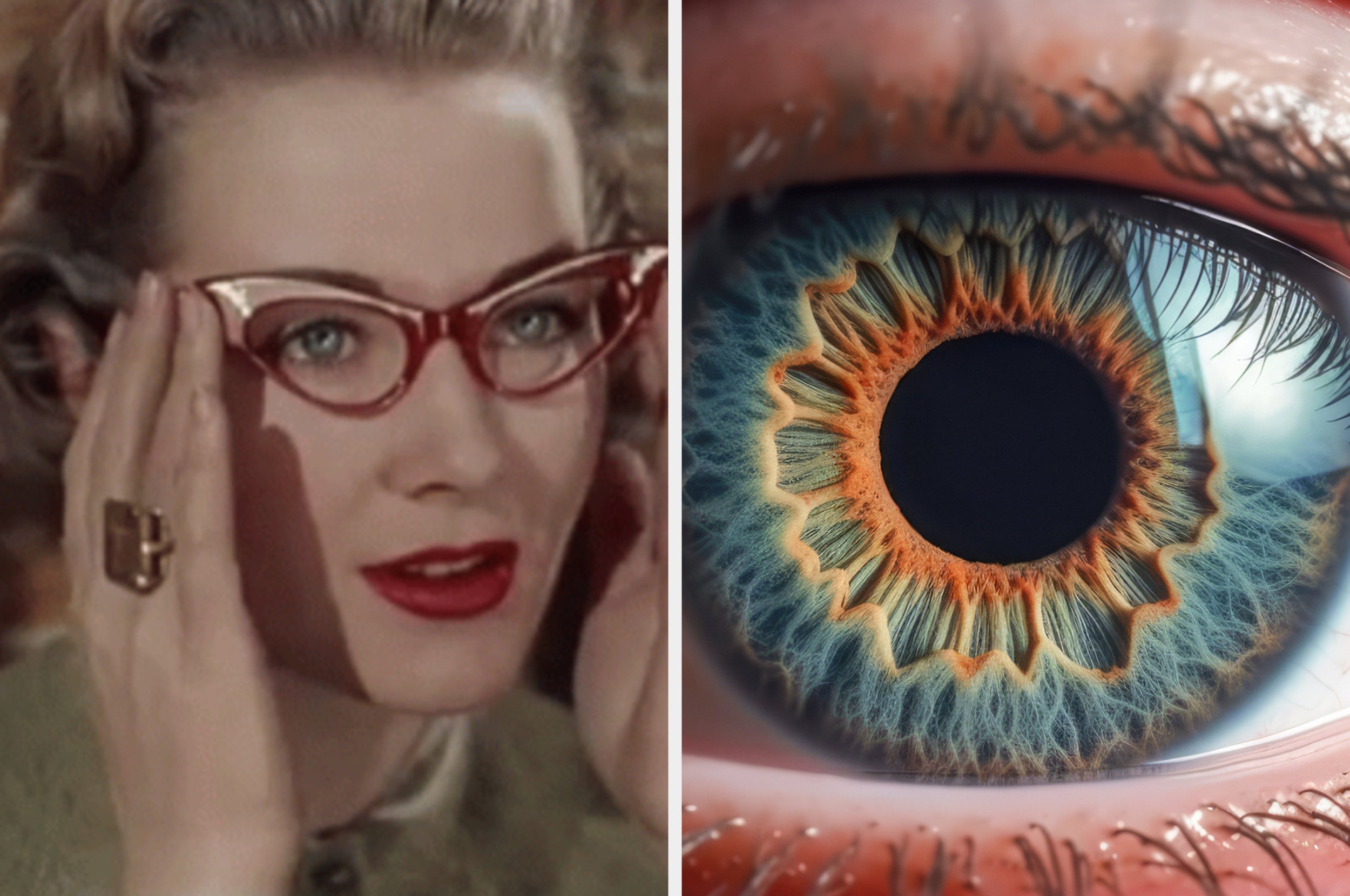 Vintage-style woman adjusting glasses; close-up of an eye with detailed iris pattern