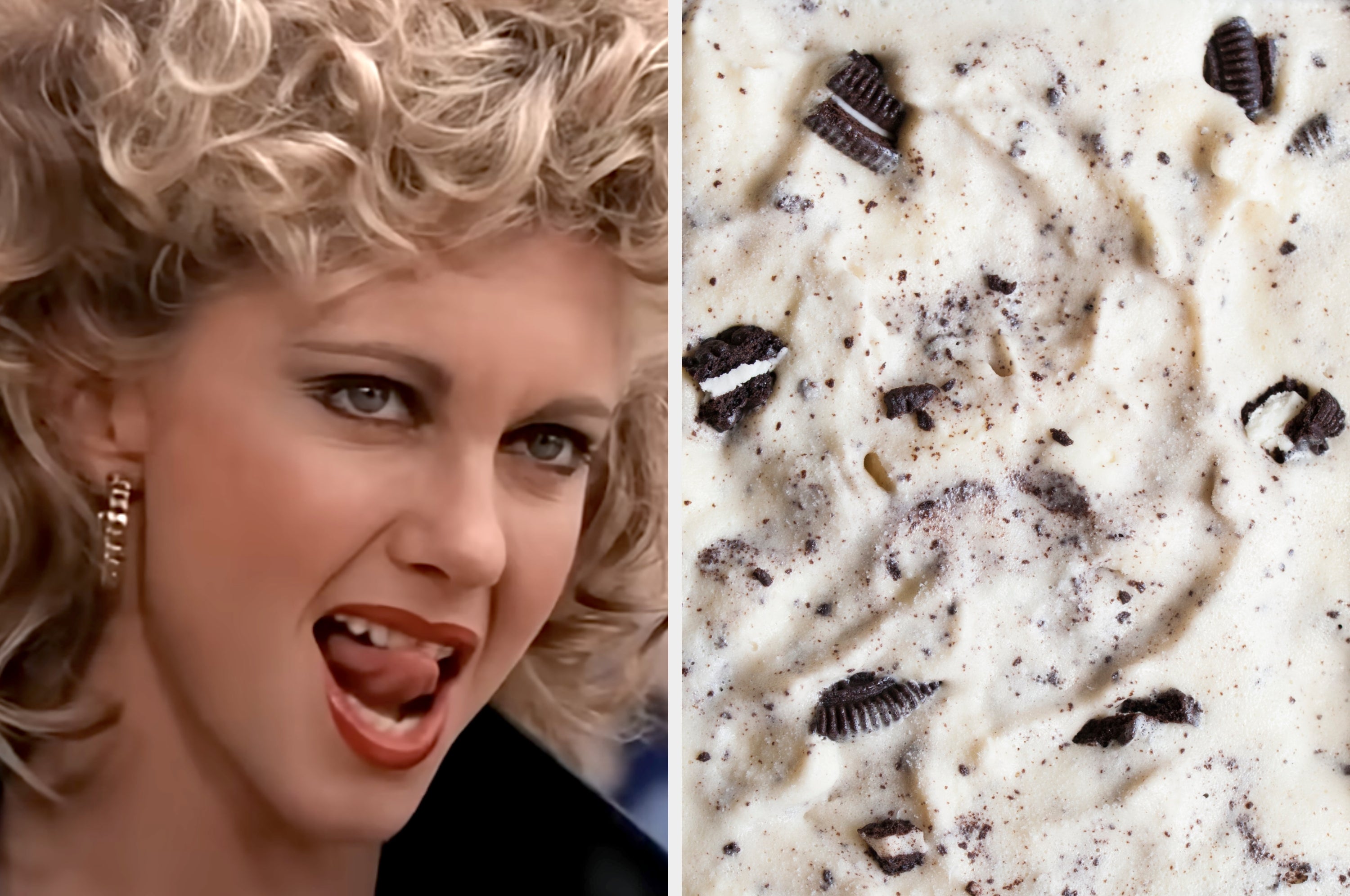 A woman with styled hair licking her lips, next to a close-up of ice cream with cookie pieces mixed in