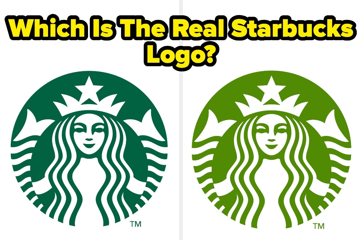 Two Starbucks logos side by side; one green and one green with a yellow hue, asking "Which Is The Real Starbucks Logo?"