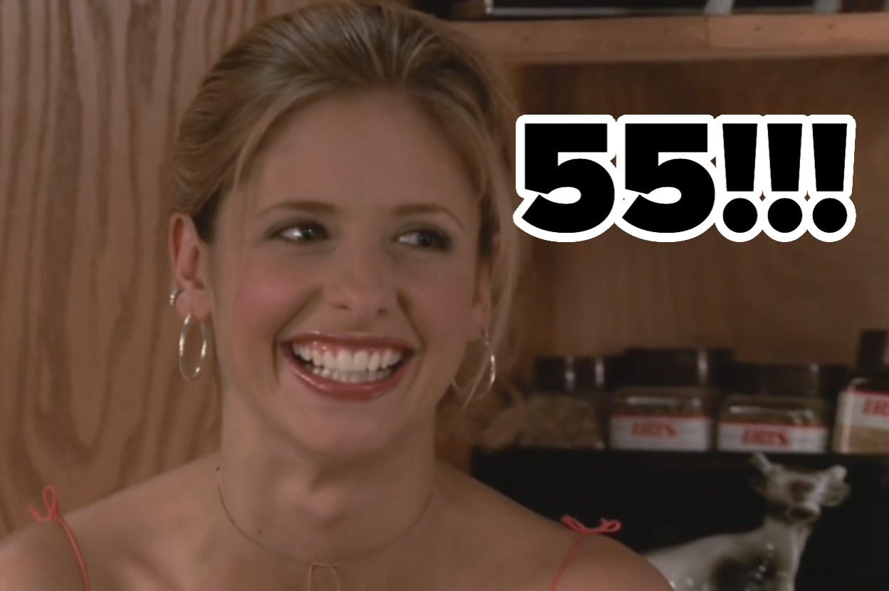 Person smiling broadly with "55!!!" in bold letters next to them. The background shows shelves with jars