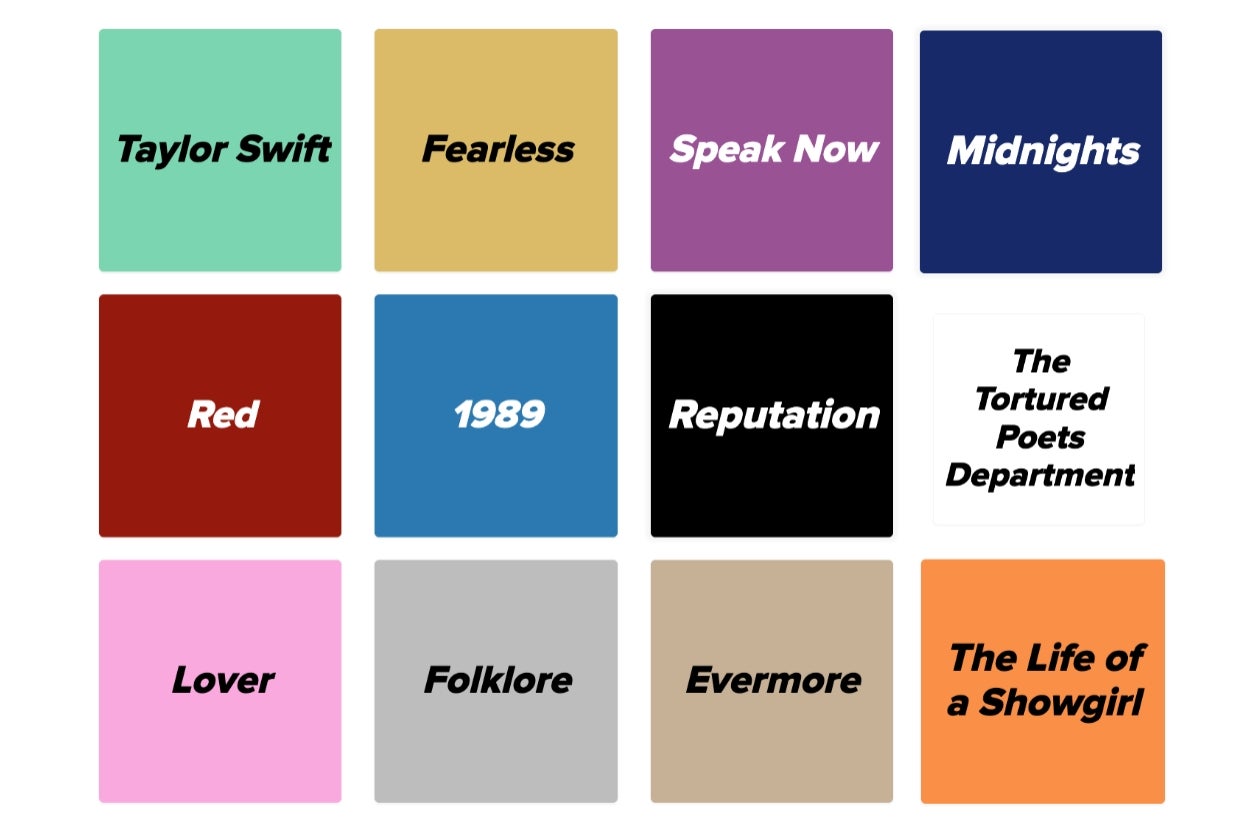 Twelve squares, each with a different album or project title by Taylor Swift, including "Fearless," "Reputation," and "Red."