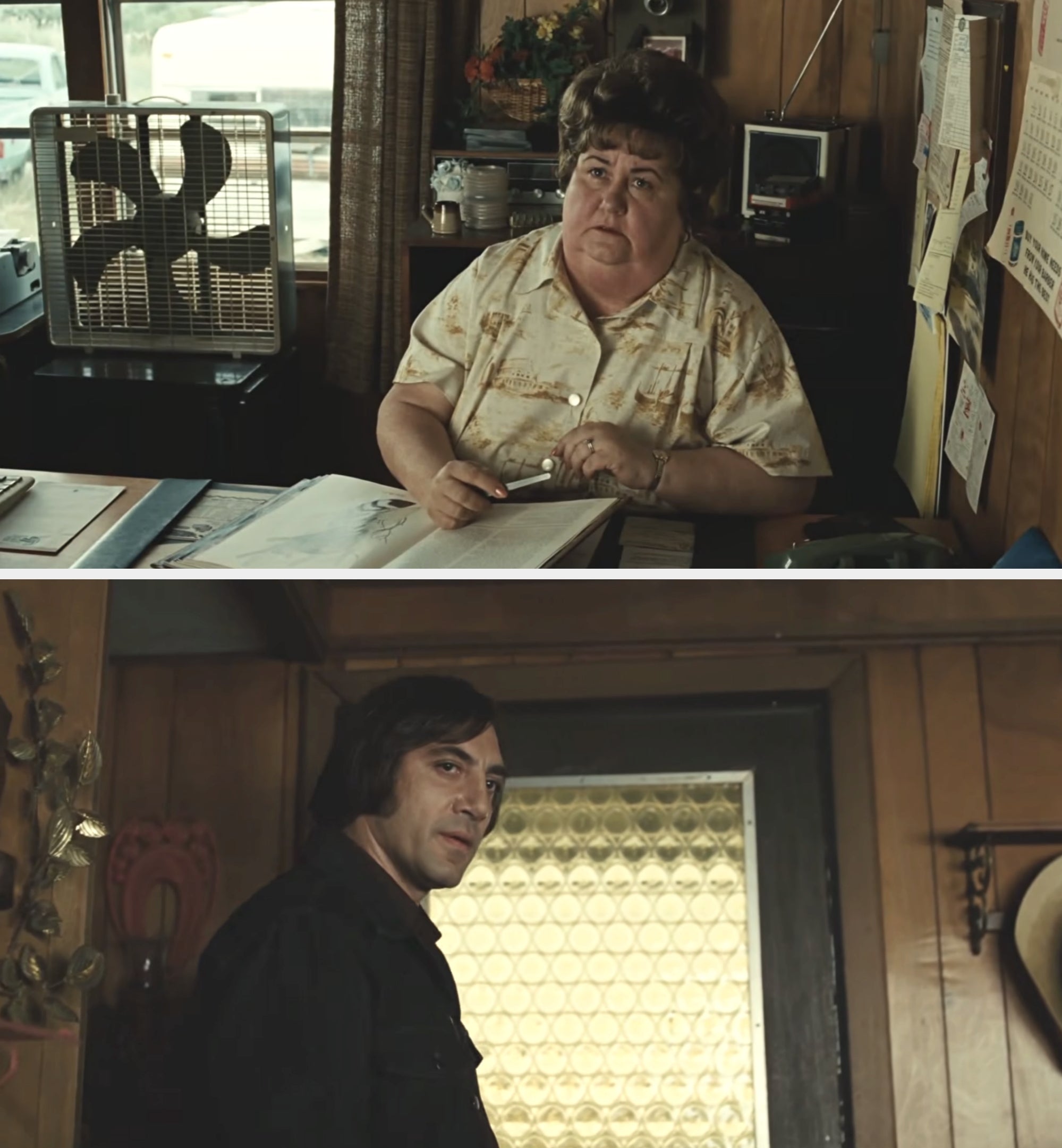 Two scenes from a movie: Kathy Lampin sits at a desk looking up, while Javier Bardem stands by a door with an intense expression