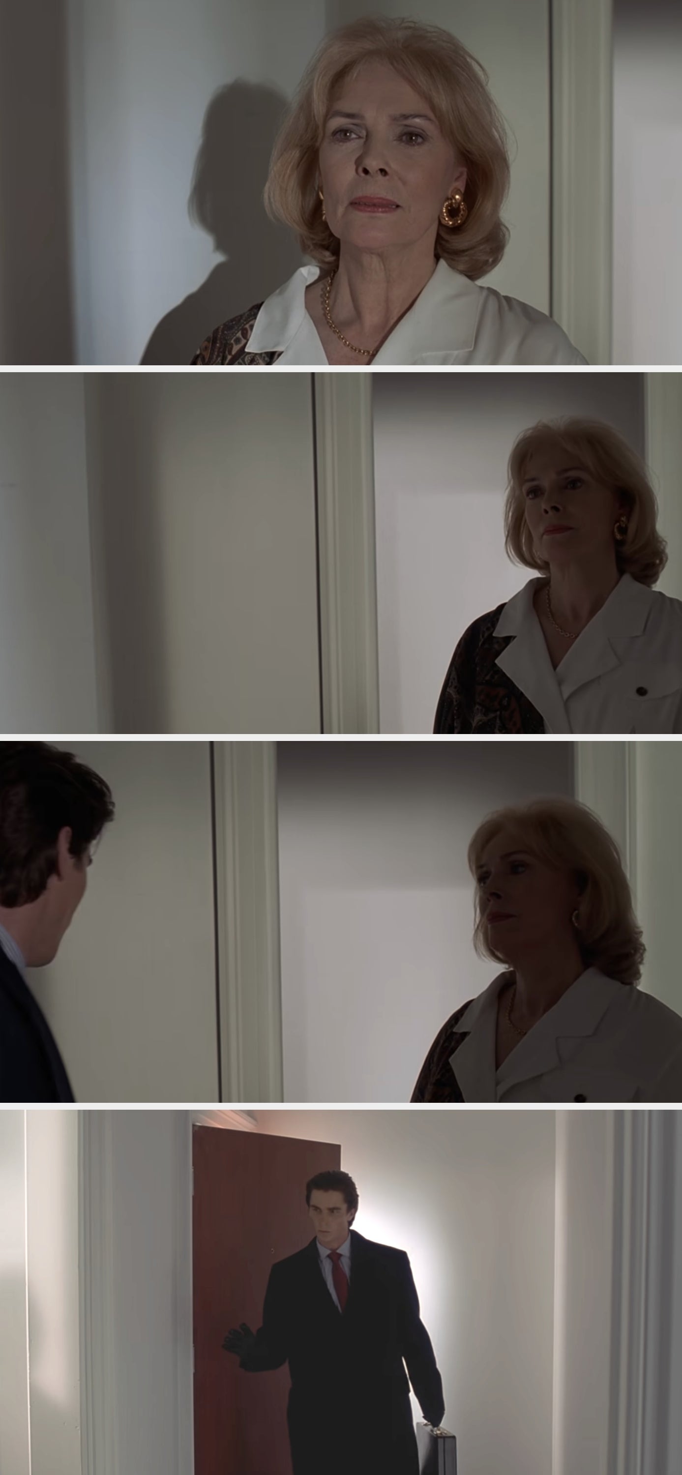 Three images show a woman in a white blouse standing in a doorway, a man in a suit entering with intensity. Scene from a TV show or movie