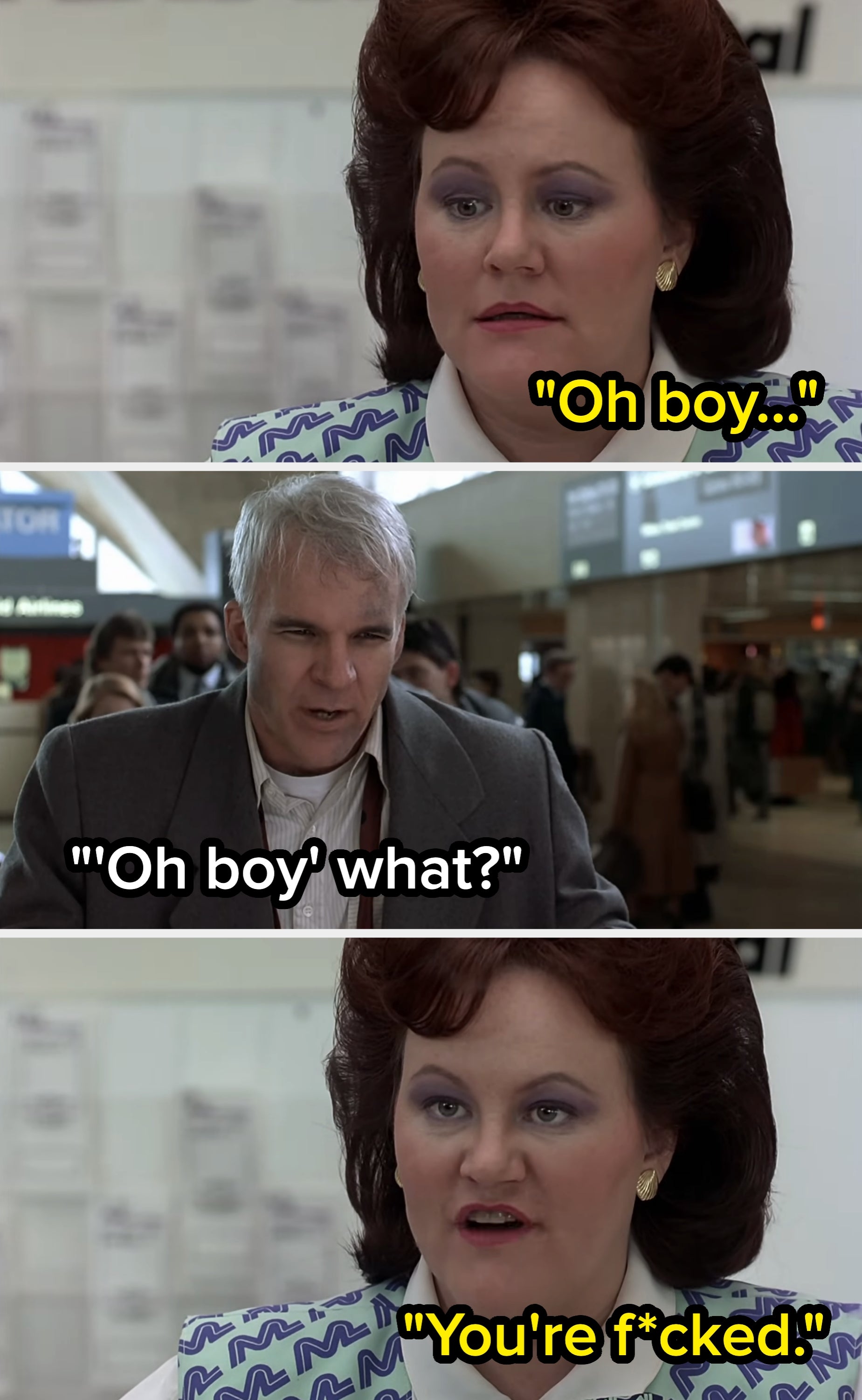 A man at an airport counter converses with a skeptical airline employee, known for their roles in a popular comedy film