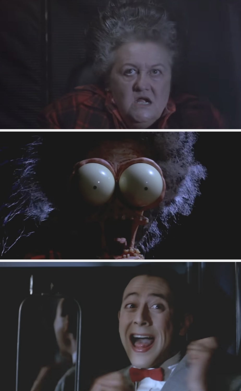 Three scenes from a thriller movie: a scared woman, an exaggerated cartoon-like scared face, and a man in a suit reacting with wide eyes