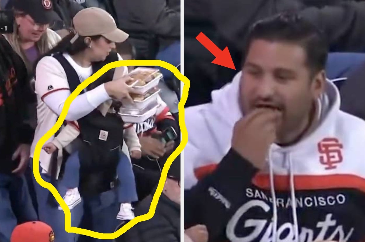 "Shaming These Dudes On Televised Sporting Events Is Exactly How We Get The Message Across": A Mom Was Filmed Juggling Her Baby And Serving Her Apparent Partner During A Giants Game, And Even Some Men Are Calling Out How Disgusting This Viral Moment Is