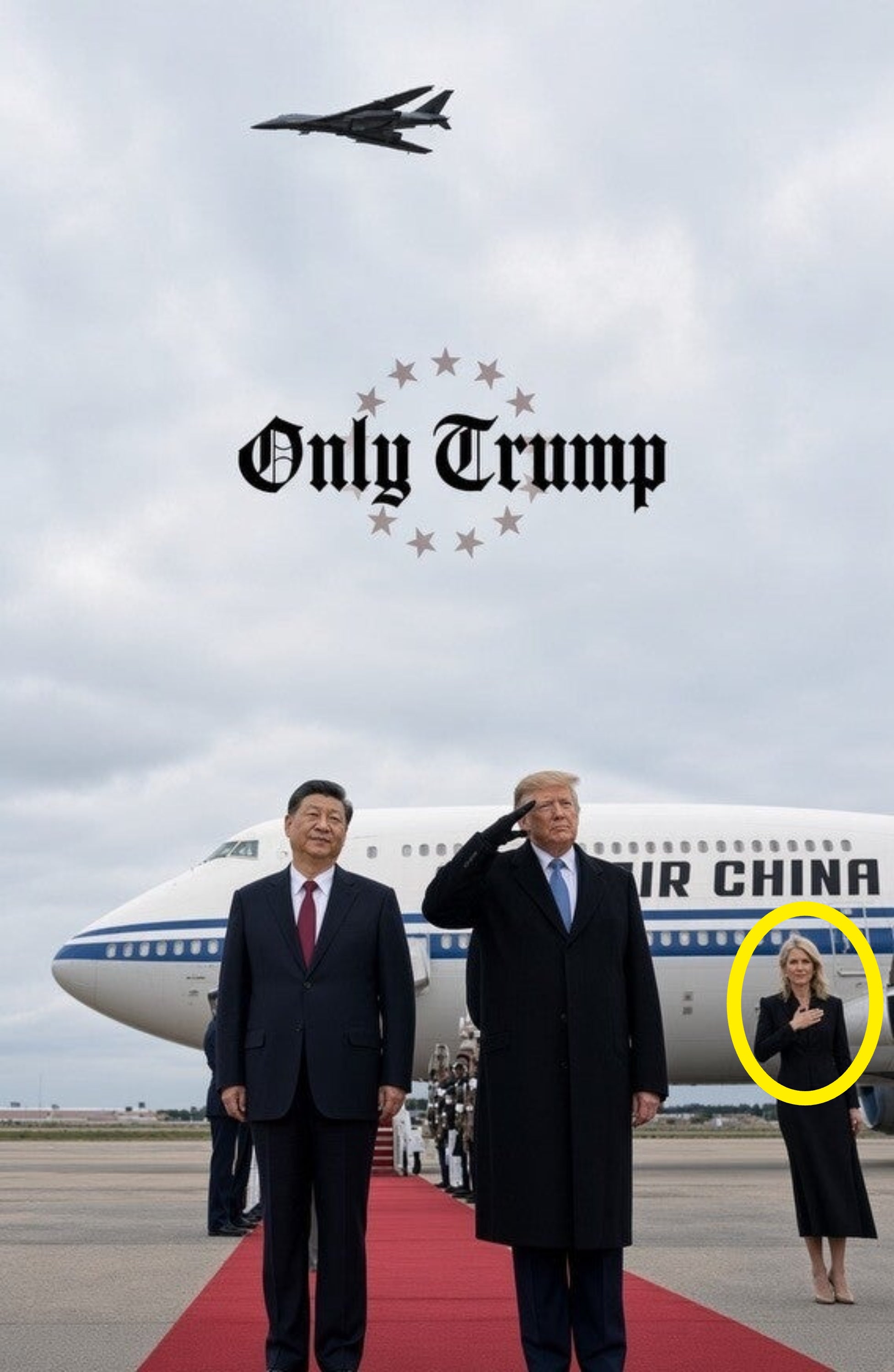 To personer står på en rød løper foran et Air China-fly, en hyller. Et fly flyr over. Teksten over dem lyder
