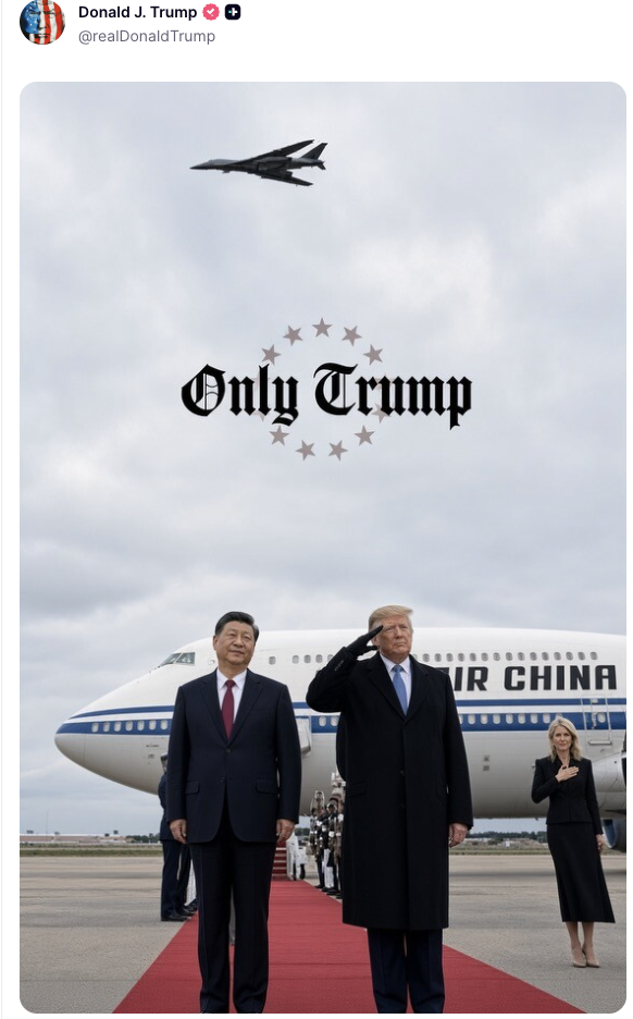 To menn står på en rød løper nær et Air China-fly. Man hilser. Et fly flyr over hodet. Teksten ovenfor lyder