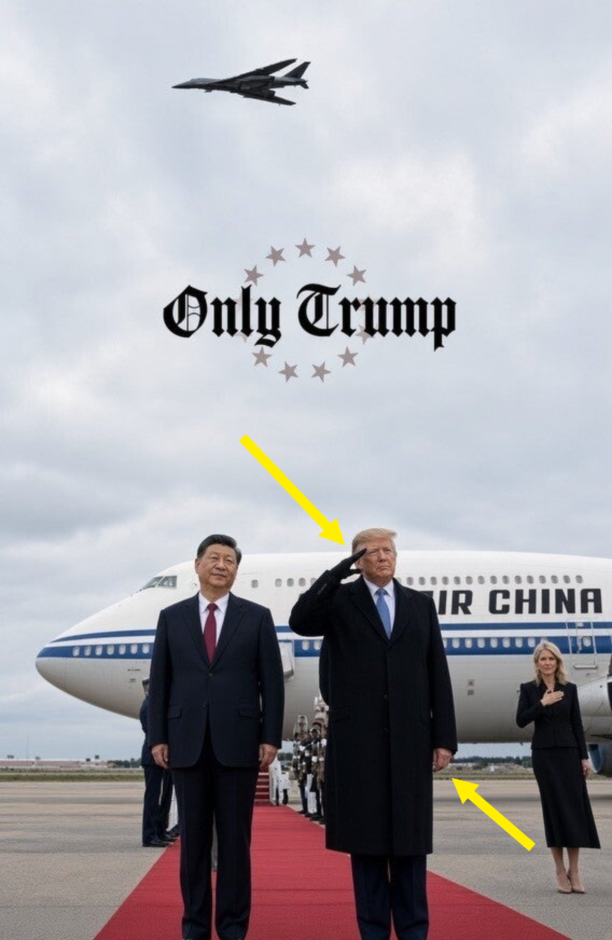 To skikkelser står på en rød løper foran et Air China-fly, den ene hyller. Et jetfly flyr over hodet. Teksten lyder «Bare Trump» med stjerner