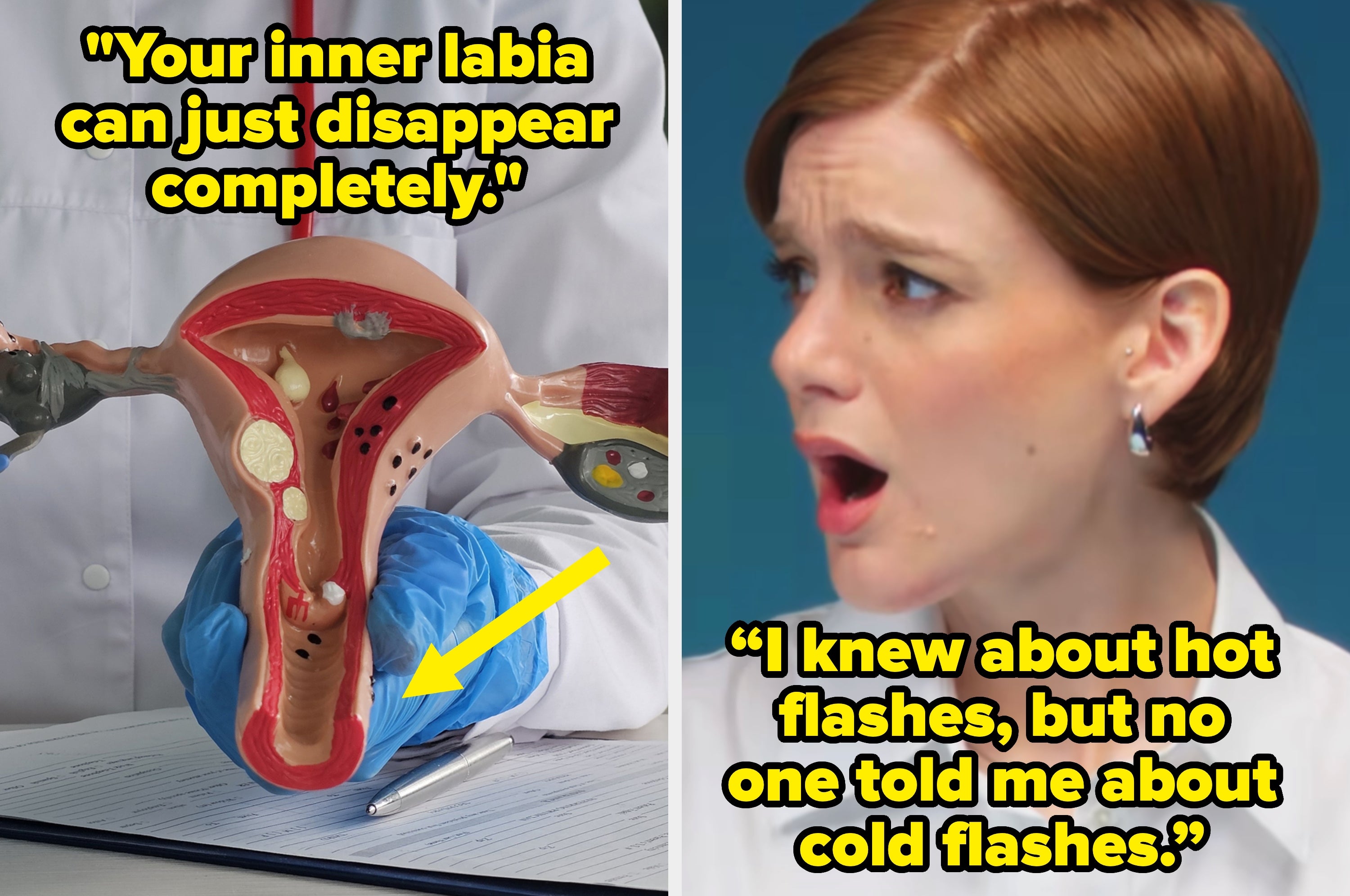Side-by-side images of women experiencing different symptoms of perimenopause. Left: A woman places her hand on her forehead while wrapped in a blanket. Right: A woman places her hand on her heart and wears an expression of pain