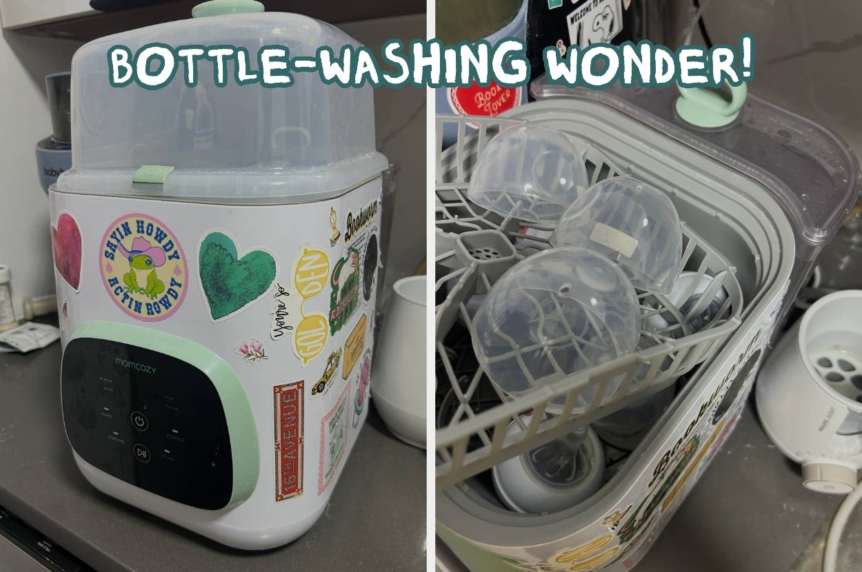 Countertop baby bottle sterilizer adorned with colorful stickers, featuring an open view full of washed bottles and parts. Text: "BOTTLE-WASHING WONDER!"