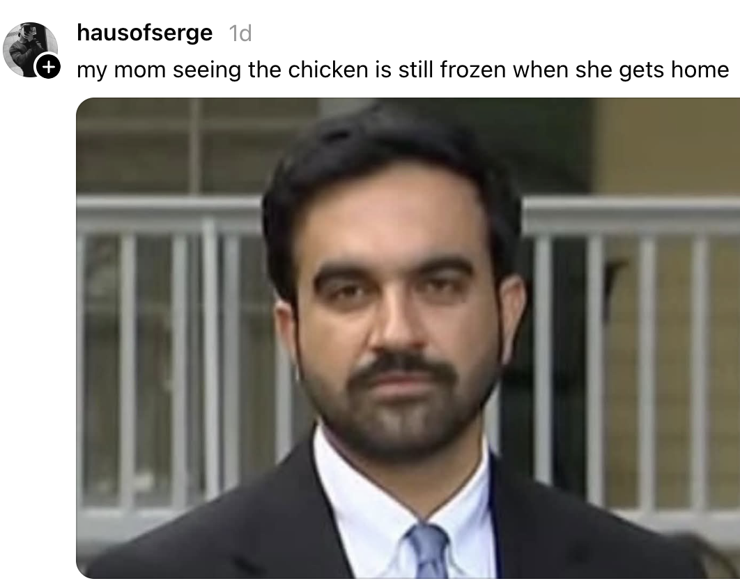 Man with a serious expression, likely reacting to a humorous situation; caption above reads about mom reacting to frozen chicken