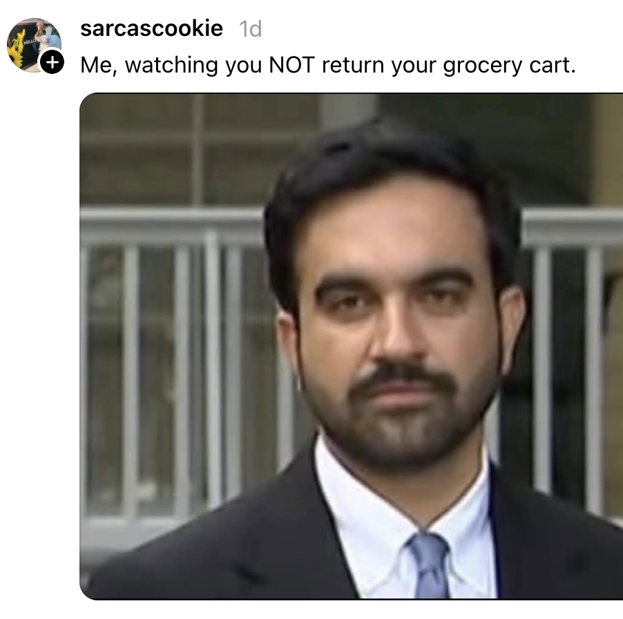 A serious-looking person in a suit captioned with: "Me, watching you NOT return your grocery cart."
