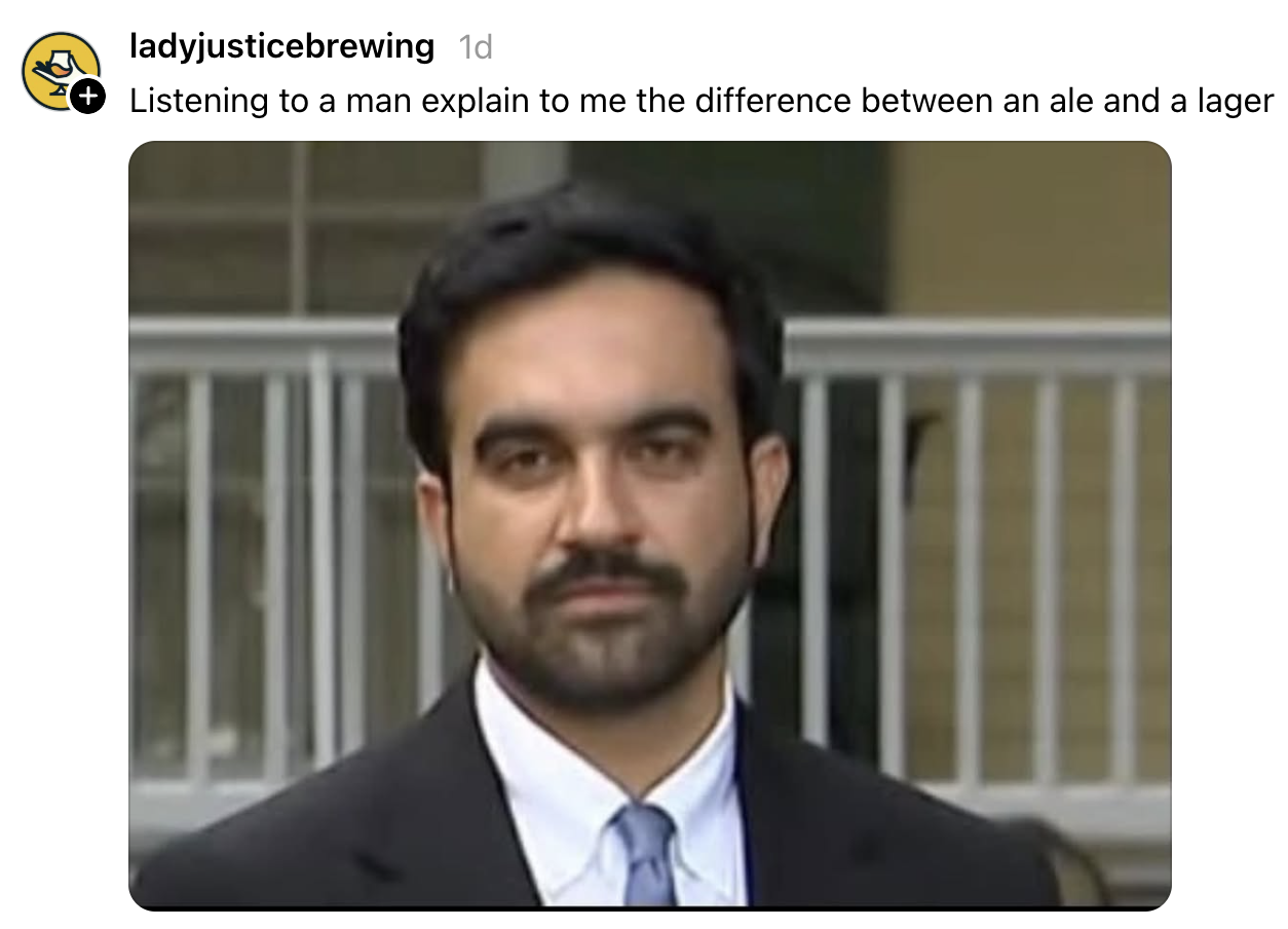 Man with a serious expression in a suit standing outside, with caption about beer types by ladyjusticebrewing