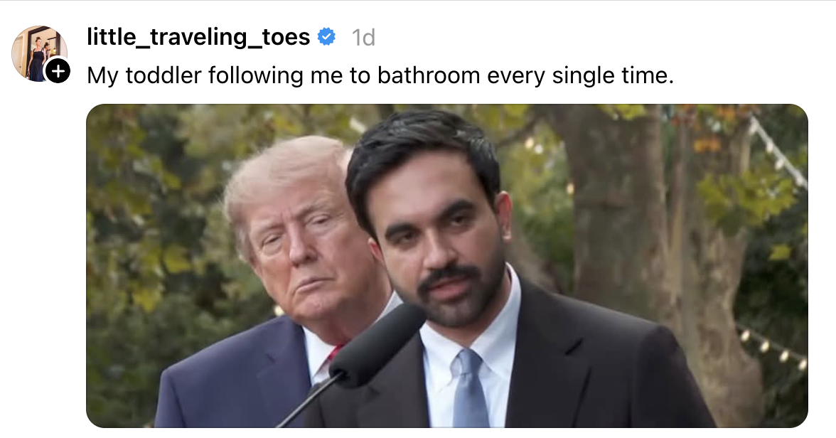 Two men at a podium; one in focus speaking. Caption jokes, "My toddler following me to bathroom every single time."