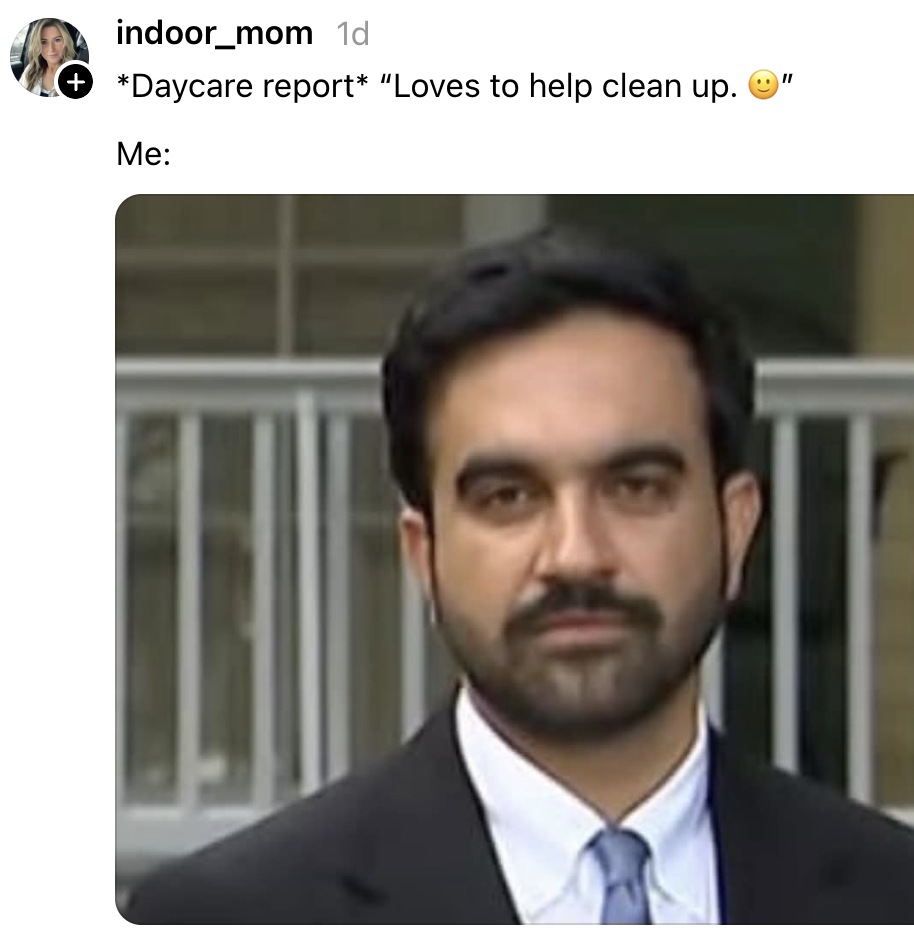Daycare report says "Loves to help clean up." Image below shows a serious-looking man, contrasting the report's positive note