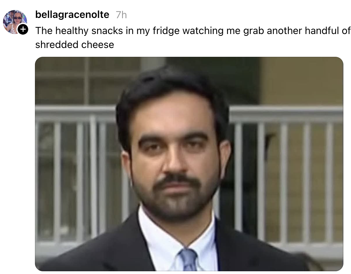 Man in a suit looks unimpressed with caption about choosing cheese over healthy snacks