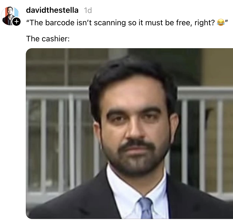 Meme showing a serious man captioned: "The barcode isn't scanning so it must be free, right? The cashier:" implying the cashier's expression