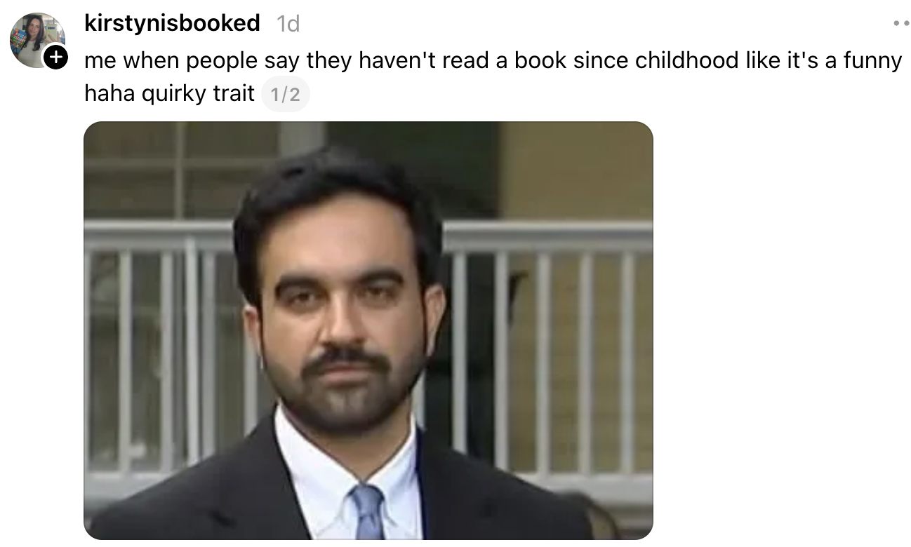 Person with a serious expression in a formal outfit, with text above expressing humor about not reading books since childhood