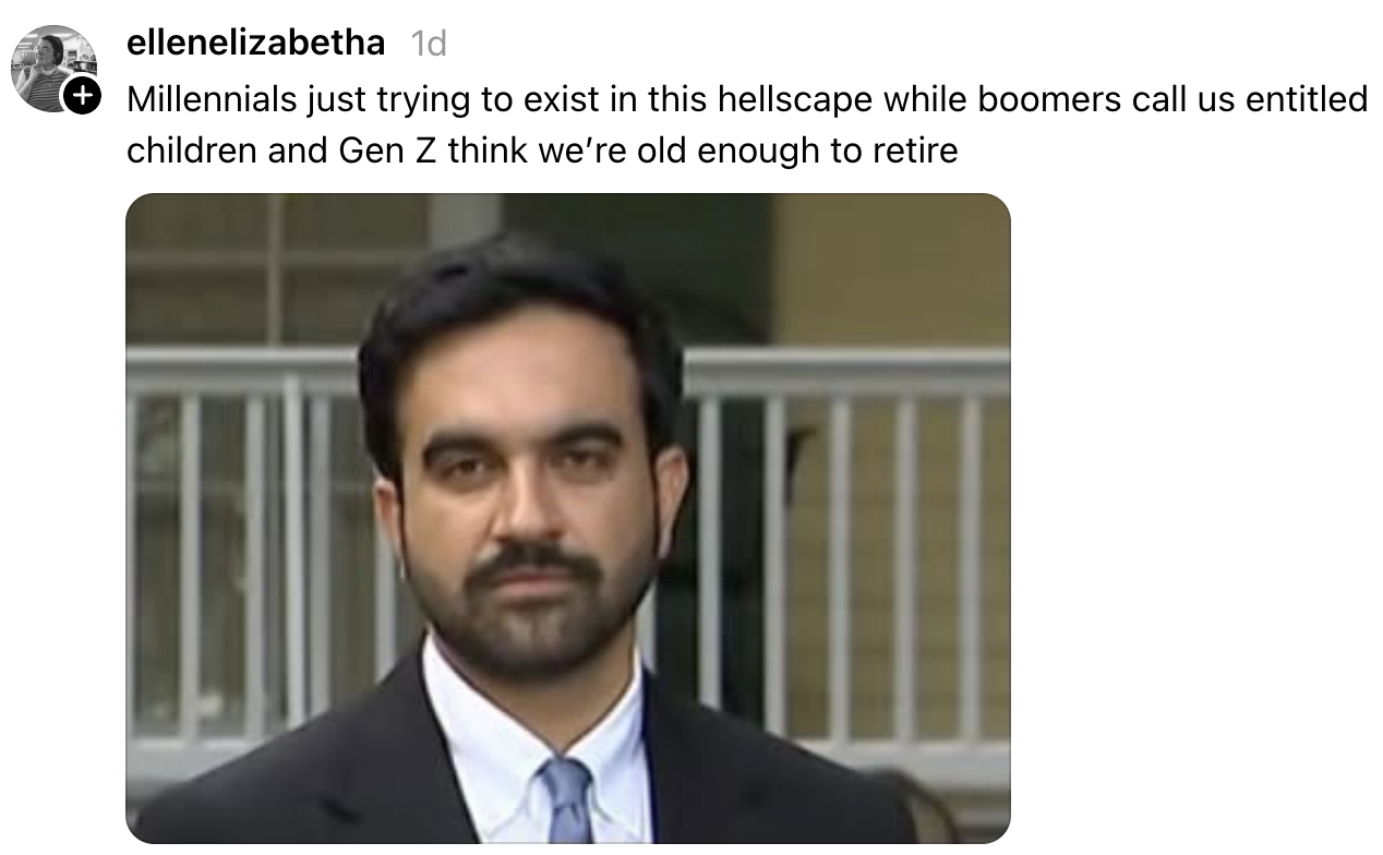 A person in a suit is shown with a caption about millennials feeling caught between boomers and Gen Z opinions on their age and maturity