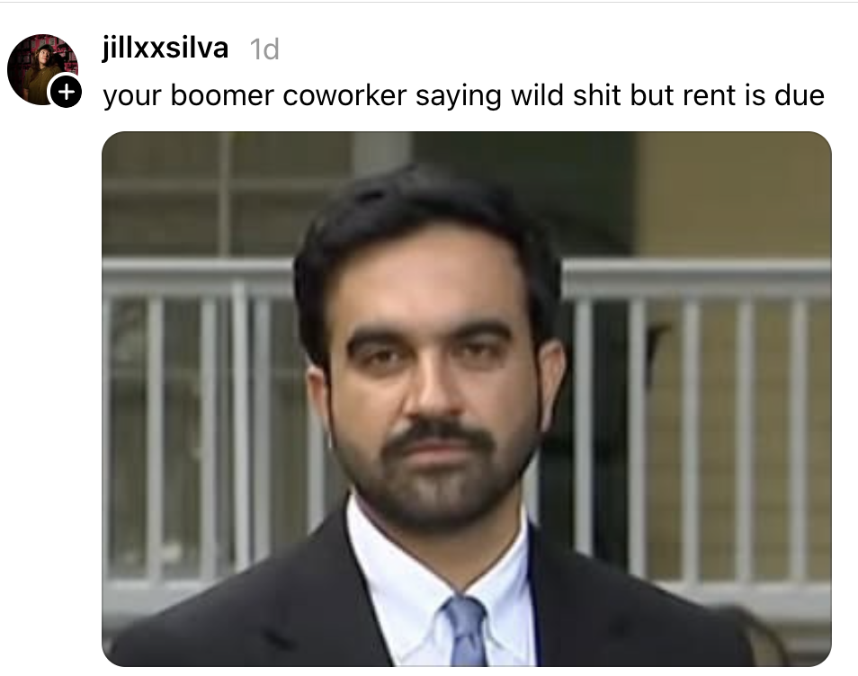 A man in a suit with a serious expression is captioned with a humorous text about boomer coworker comments