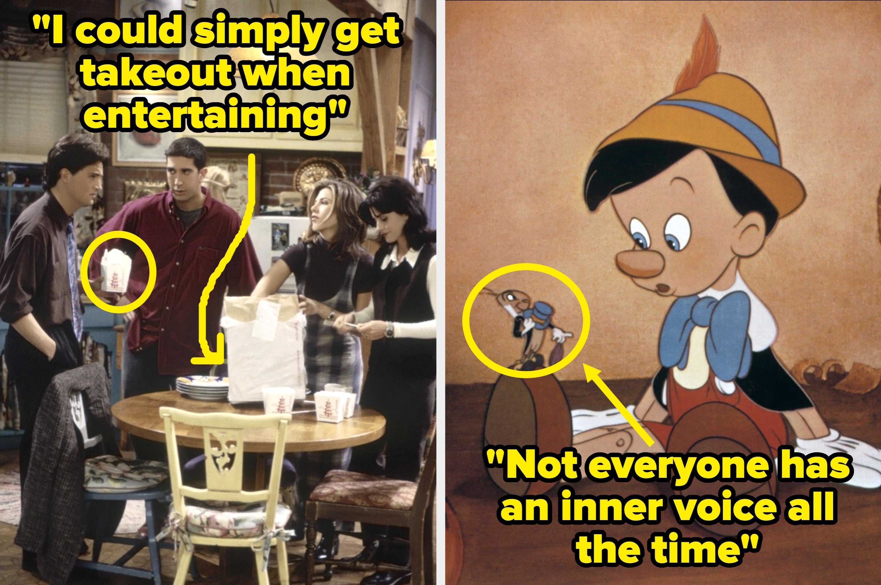 Pinocchio looks at a small identical figure on a table. Text reads: "Not everyone has an inner voice all the time."