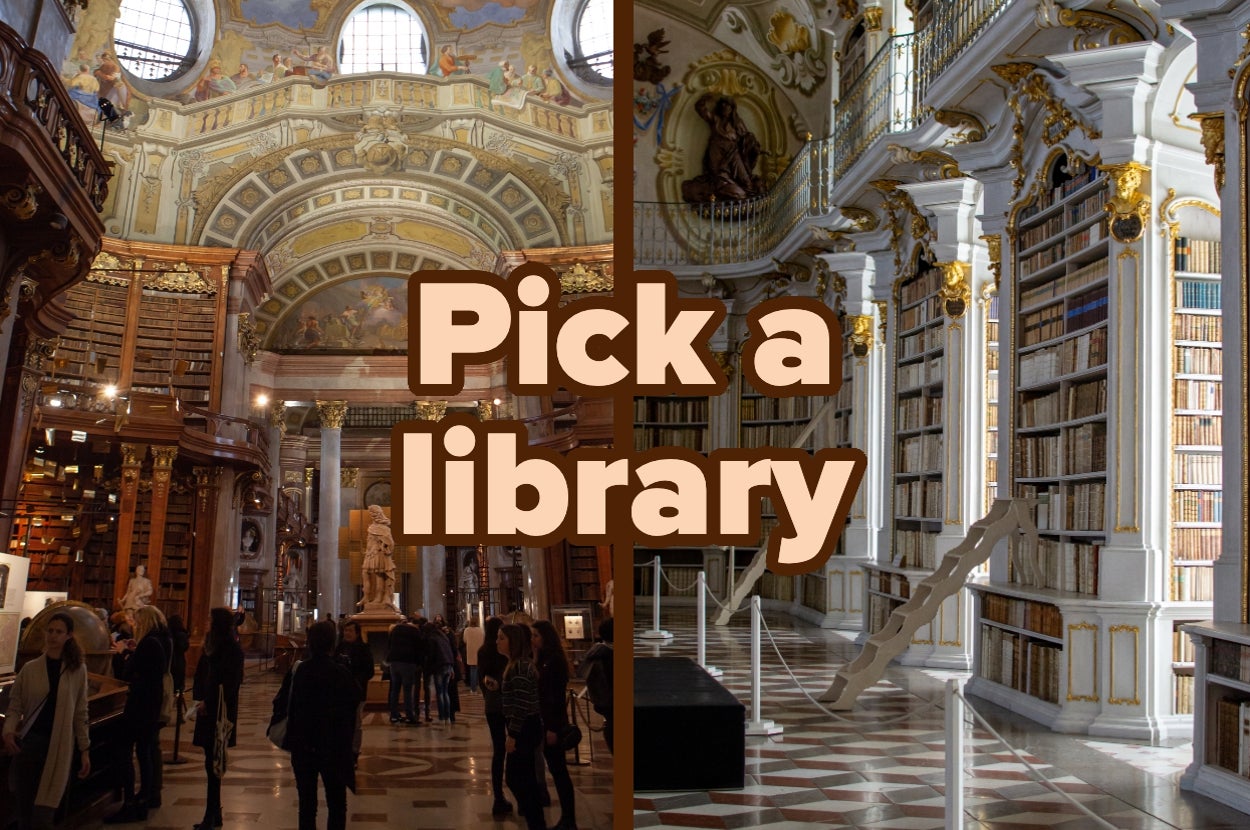 Ornate libraries with grand ceilings and numerous bookshelves, text reads "Pick a library."