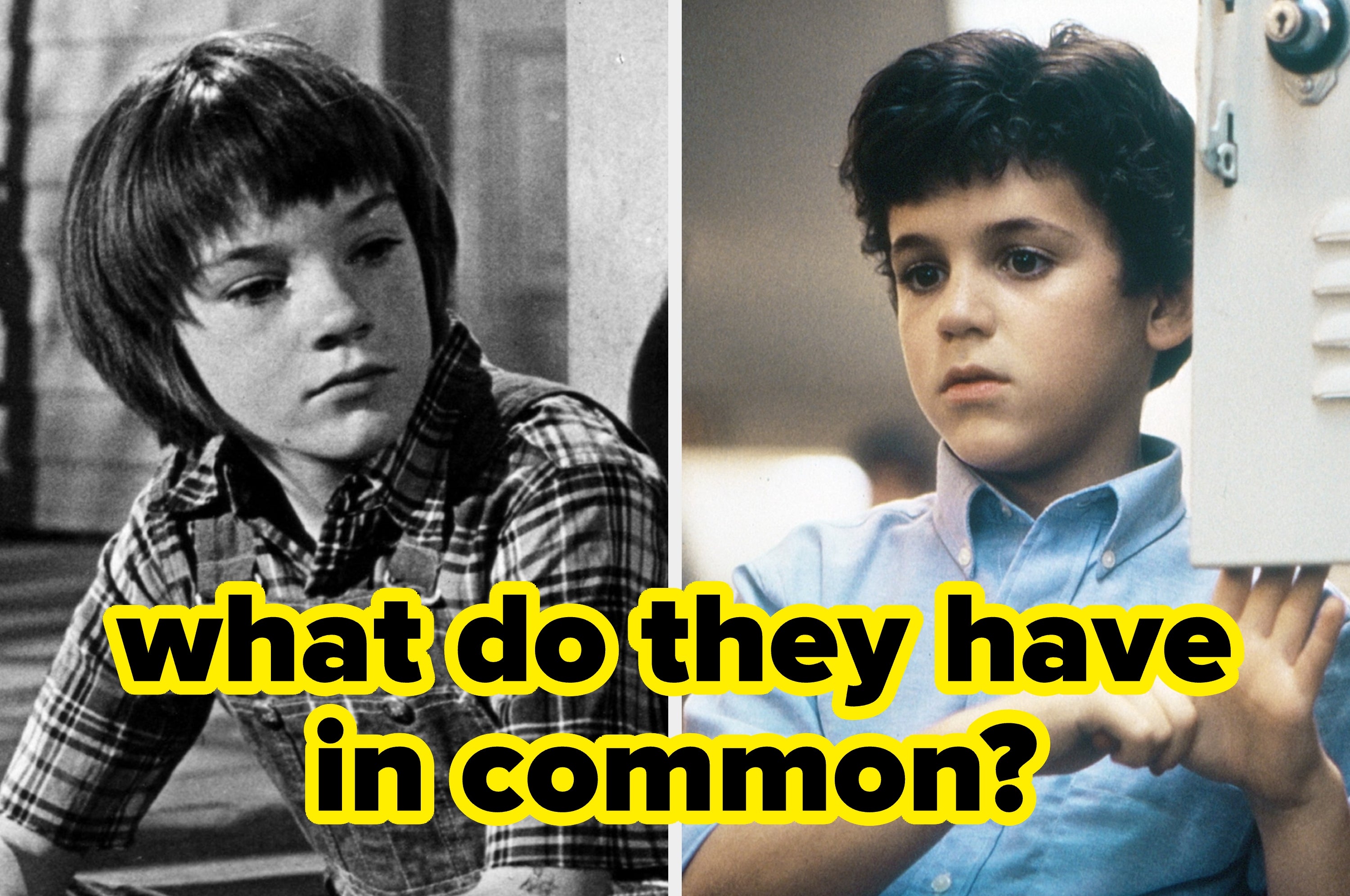 Two characters from different scenes, one in a plaid shirt and one in a button-up, with text asking "what do they have in common?"
