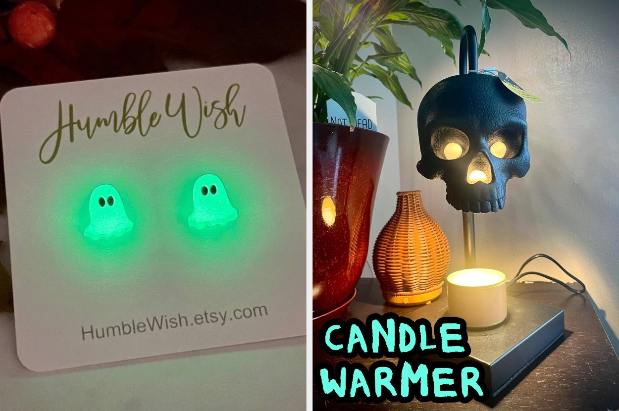 Glow-in-the-dark ghost earrings on a card and a black skull-shaped candle warmer next to a lit candle