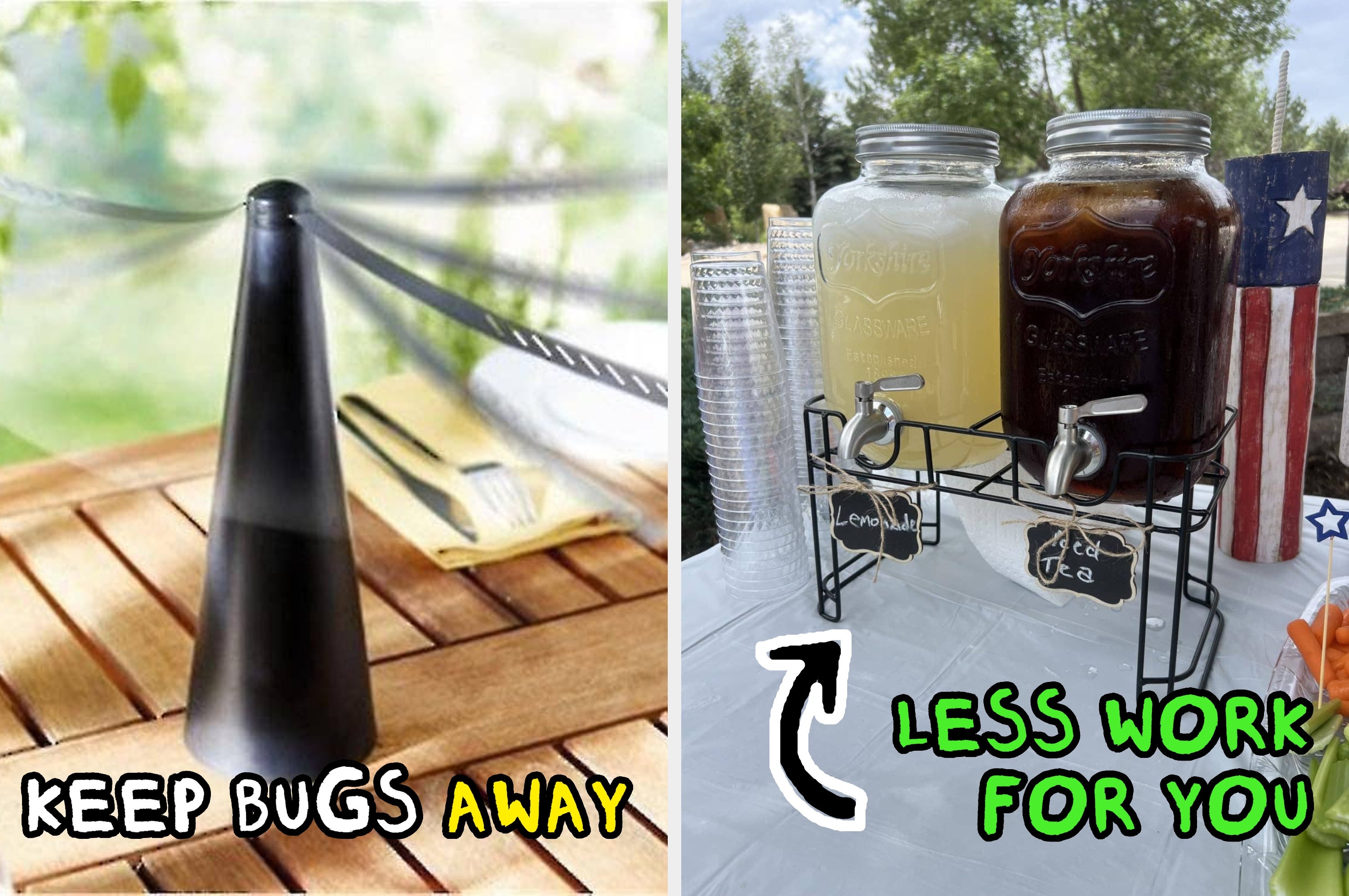 Left: A device with rotating blades keeps bugs away from a wooden table. Right: Beverage dispensers on a stand labeled lemonade and iced tea