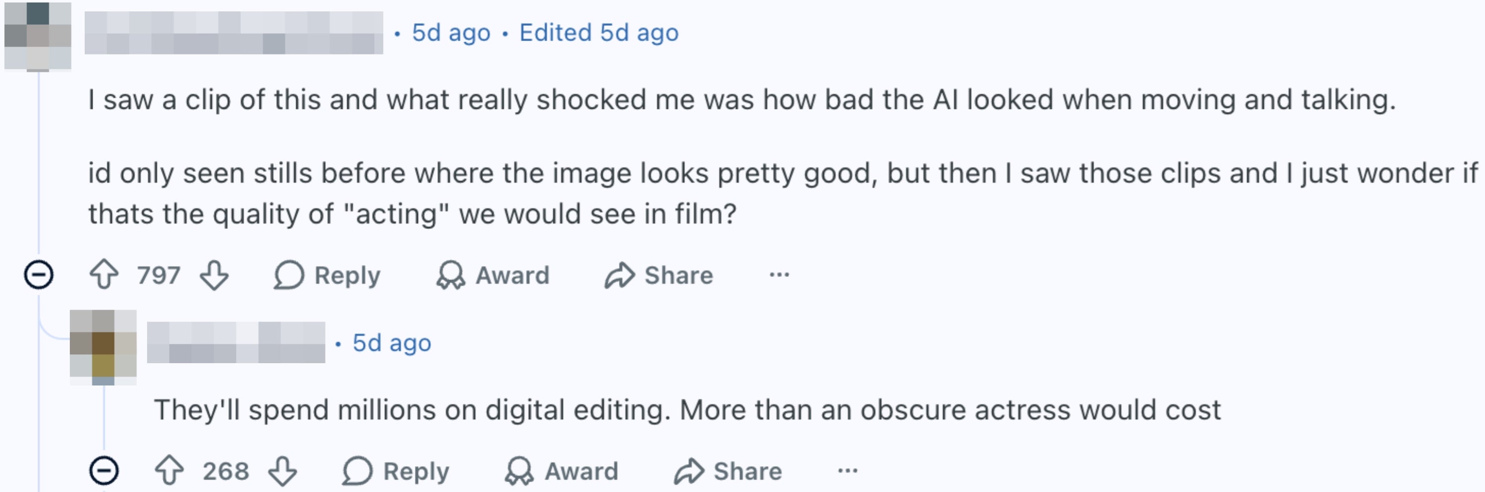 Reddit discussion about AI in films. Users critique the AI's acting and cost compared to hiring an actor
