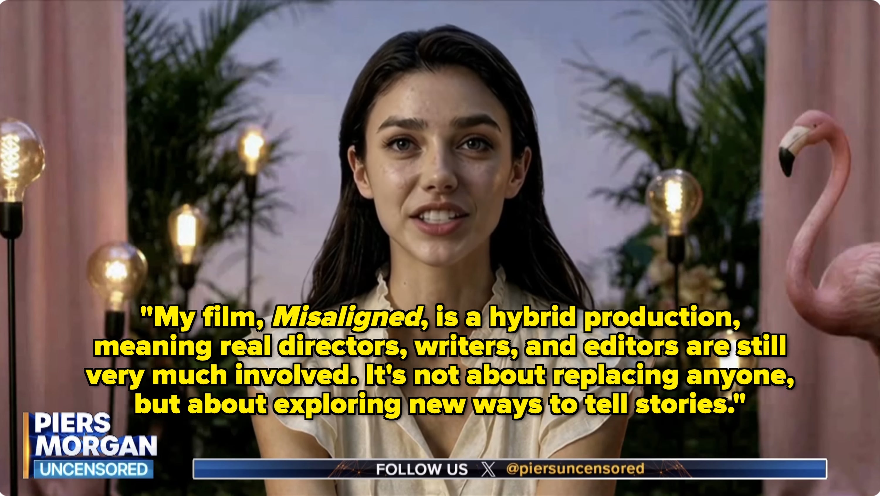 A woman in a ruffled blouse speaks directly to the camera on a set with a tropical theme, including plants and a pink flamingo statue