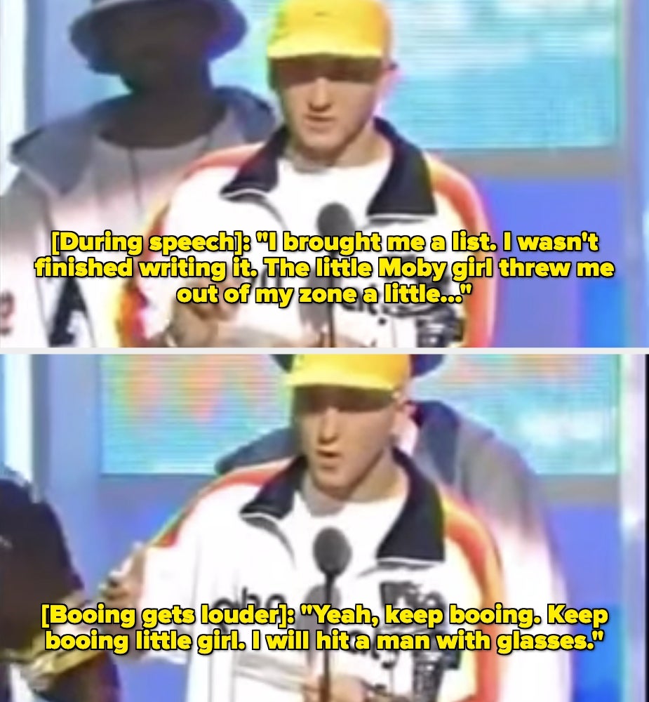 Two images of a man onstage. In the first, he mentions being interrupted by a "Moby girl." In the second, he reacts to boos, mentioning a man with glasses