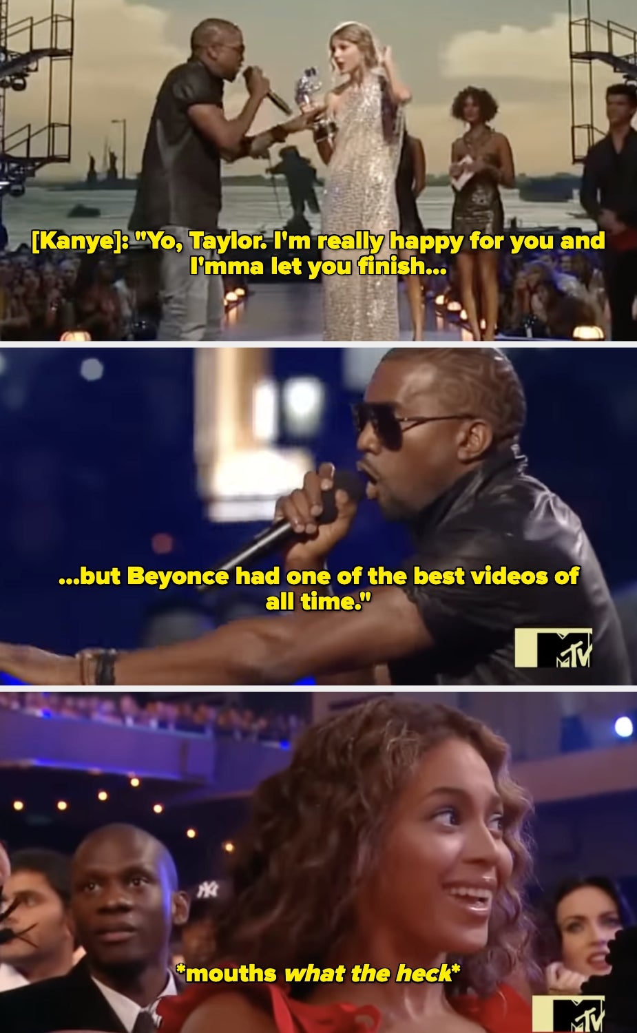 Kanye interrupts Taylor Swift during an award speech; Beyoncé reacts in surprise from the audience