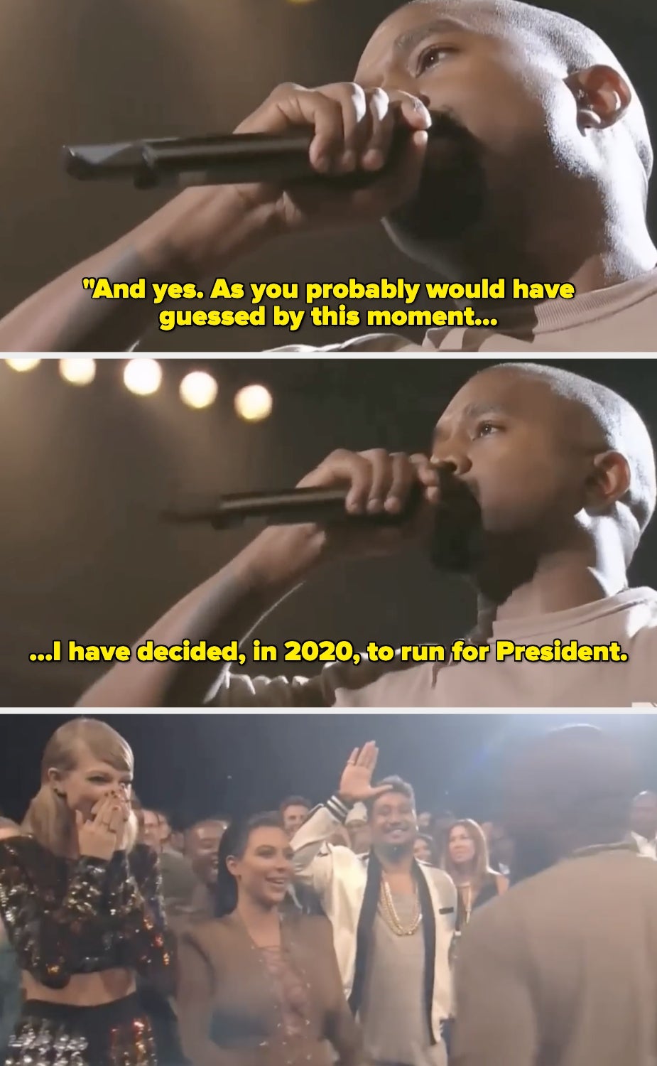 A person on stage announces plans to run for President in 2020; audience reacts with surprise and excitement