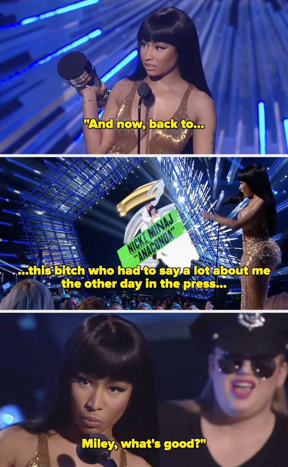 Nicki Minaj on stage holding an award, addressing Miley Cyrus during a live event, referencing a recent media comment