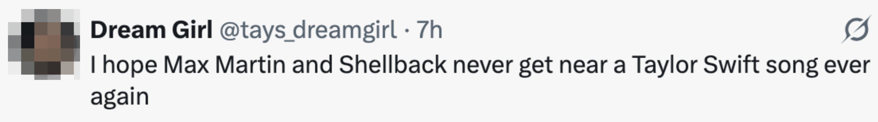 Tweet som uttrykker et håp om at Max Martin og Shellback ikke samarbeider om en Taylor Swift-sang igjen